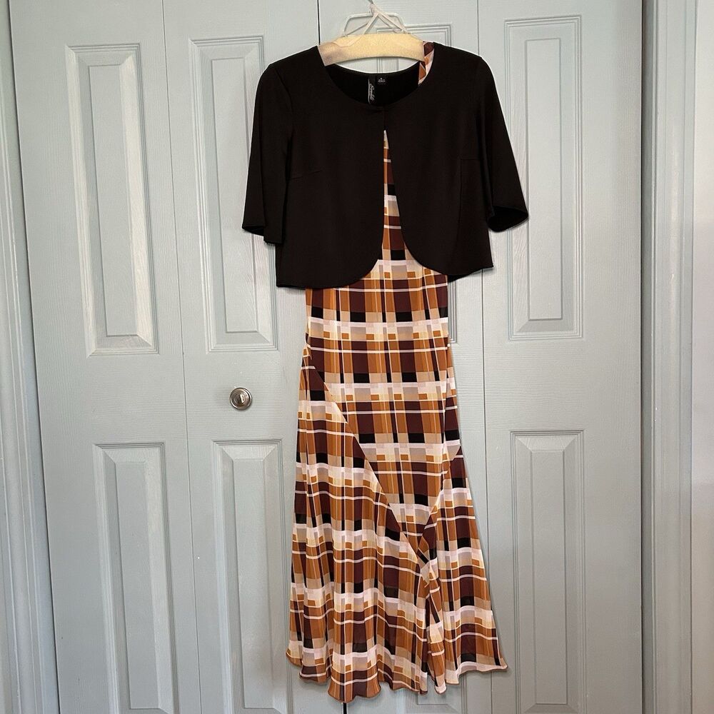 Essentials By Milano Maxi‎ Dress 6 Formal Checkered W/ Short Sleeve Shrug